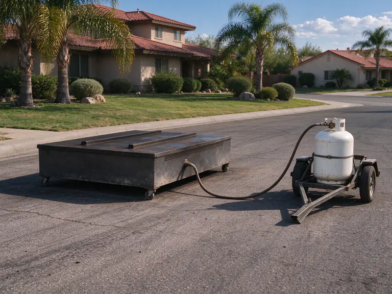 Wheeled infrared asphalt heater panel set over a damaged area of an asphalt driveway in Glendale