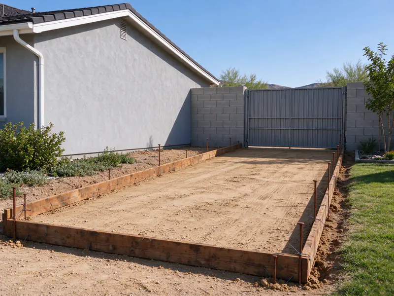 Wood forms over compacted base for a concrete RV pad in Peoria
