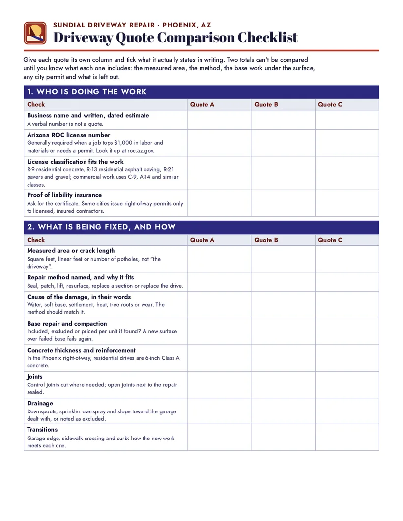 First page of the driveway quote comparison checklist: columns for Quote A, B and C beside checks on the contractor's license and the work included